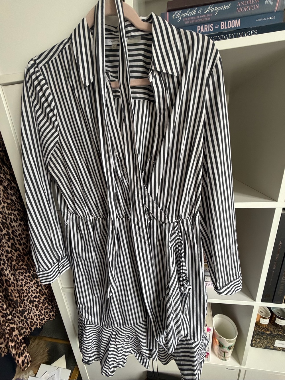 Calvin Klein Black and White Vertical Stripe Long-Sleeve Wrap Dress